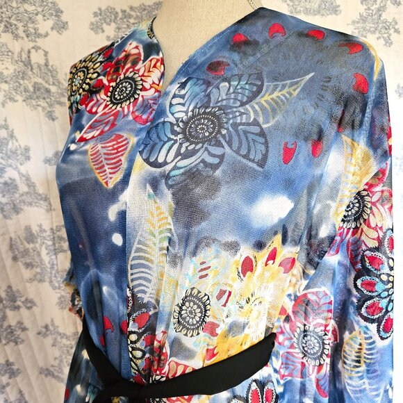 Retro Style Caftan Sheer Blue Floral S to Plus New - Picture 4 of 11